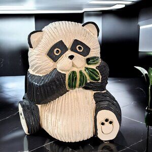 Uruguay Artesania Rinconada Panda Bear Figurine Eating Leaves Signed Retired